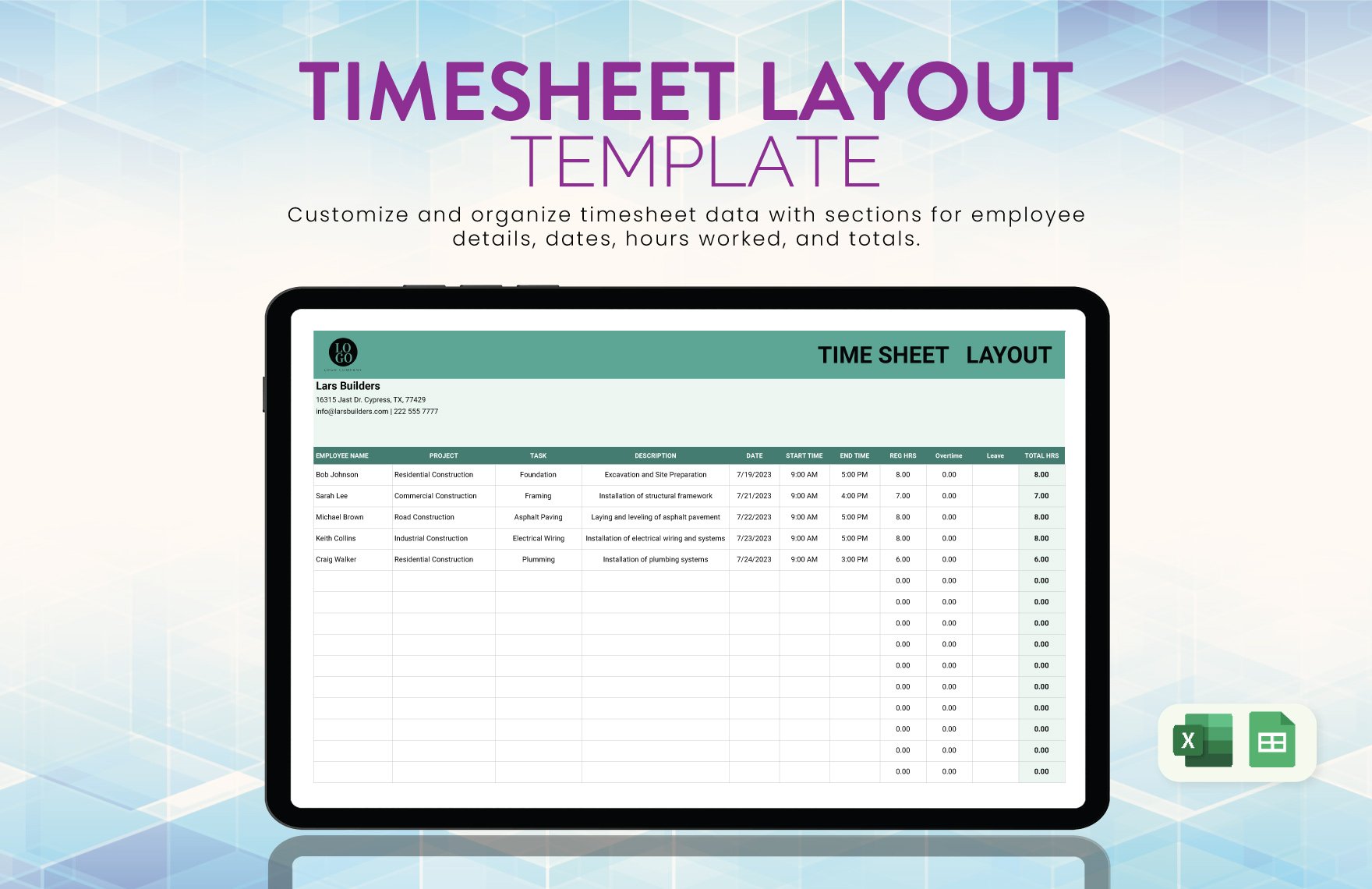 Timesheet Layout Template in Excel, Google Sheets