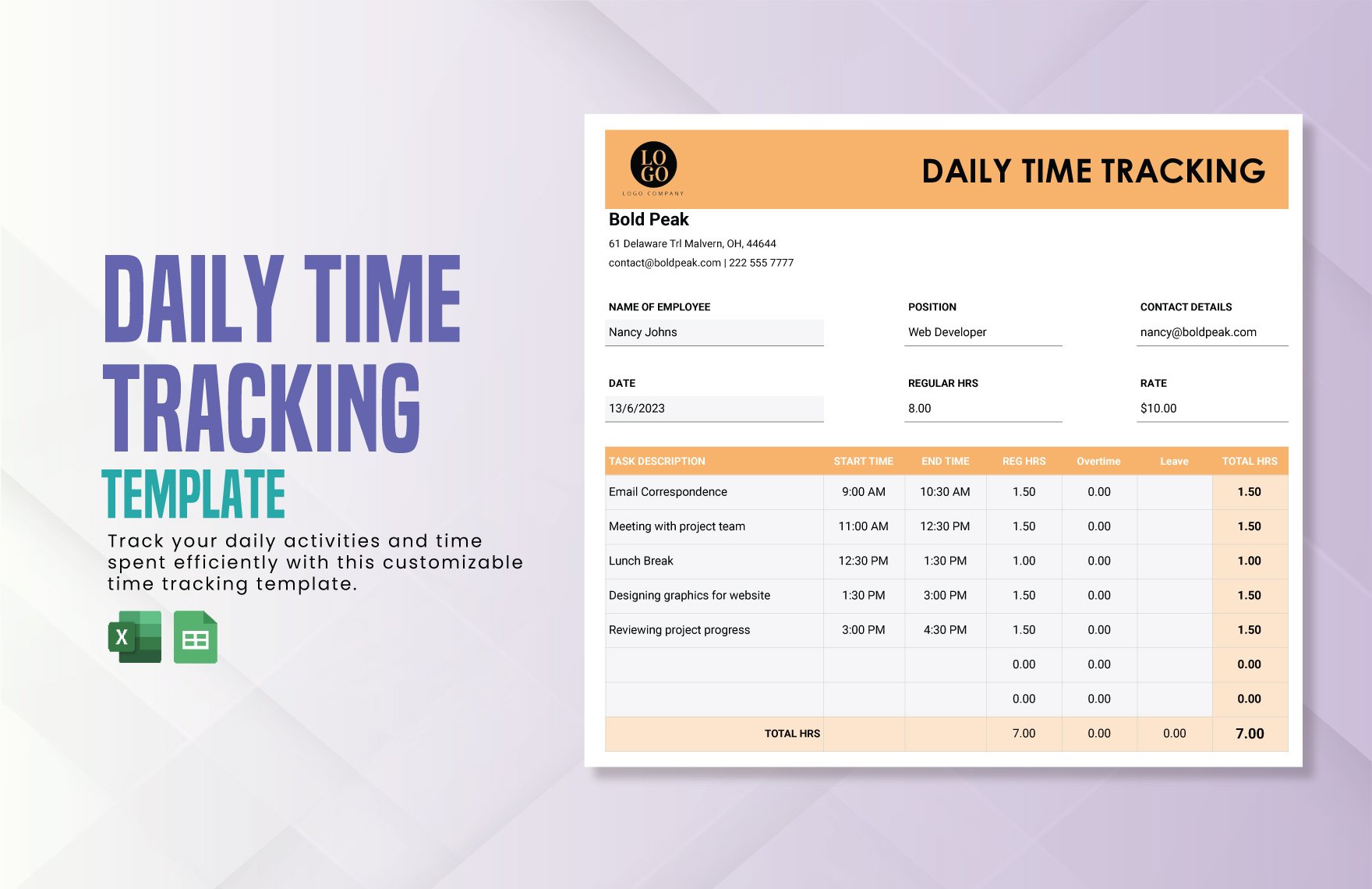 Daily Time Tracking Template in Excel, Google Sheets