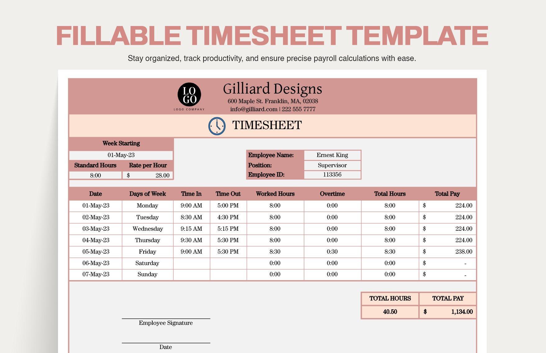 Fillable Timesheet Template in Excel, Google Sheets