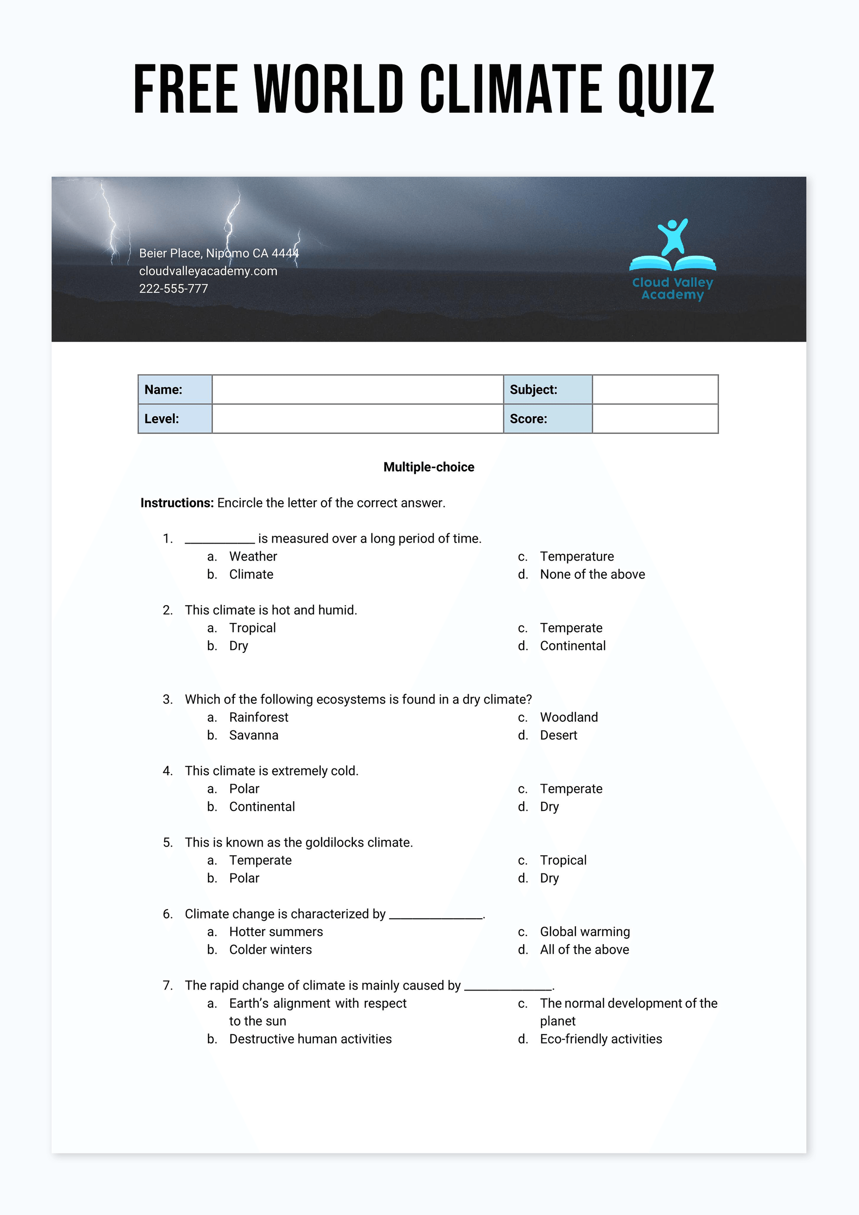 World Climate Quiz Template