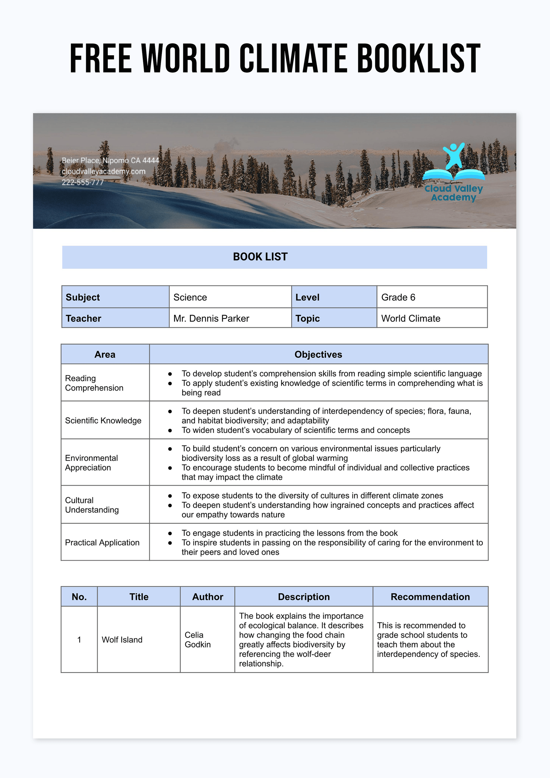 World Climate Booklist Template