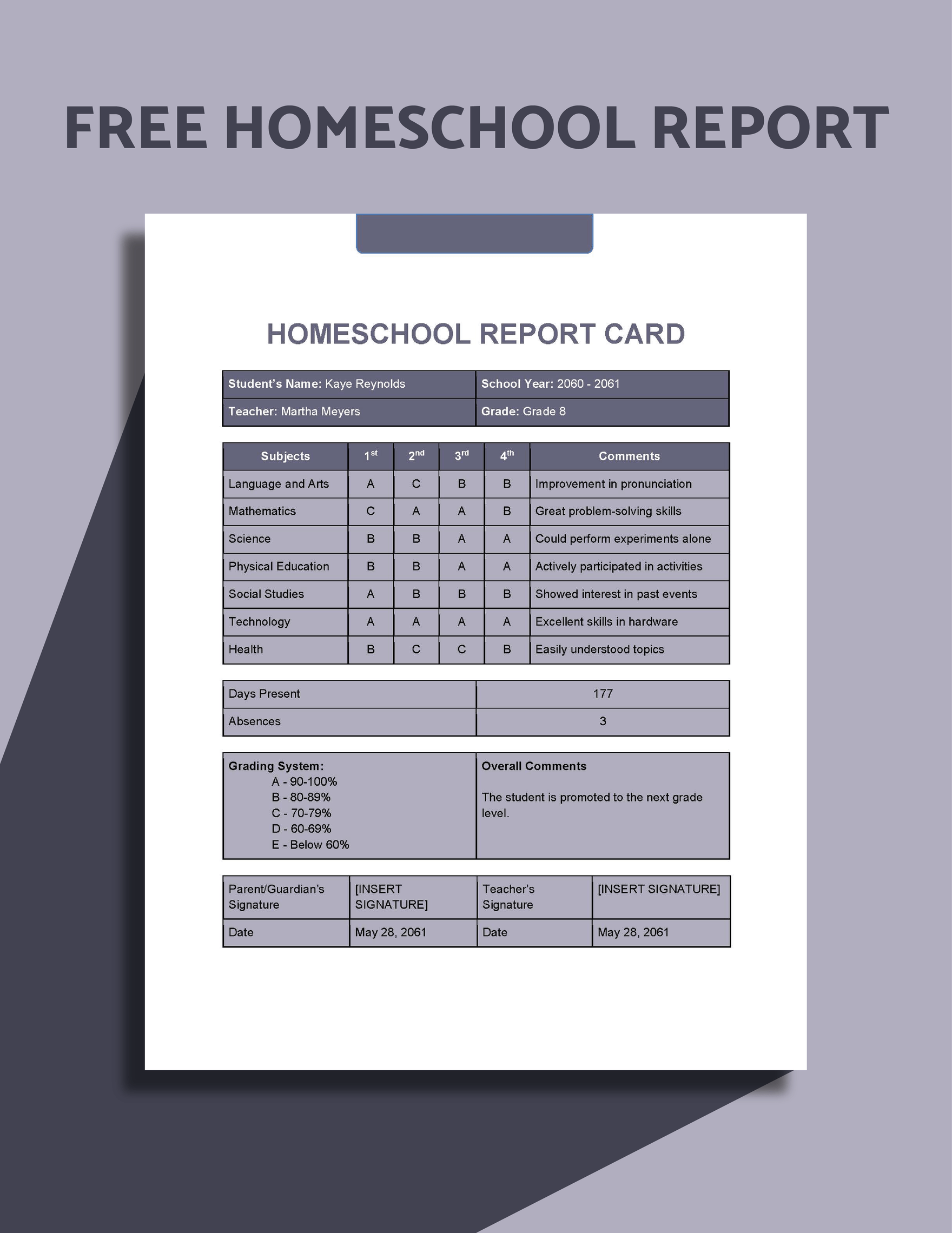 Homeschool Report Template