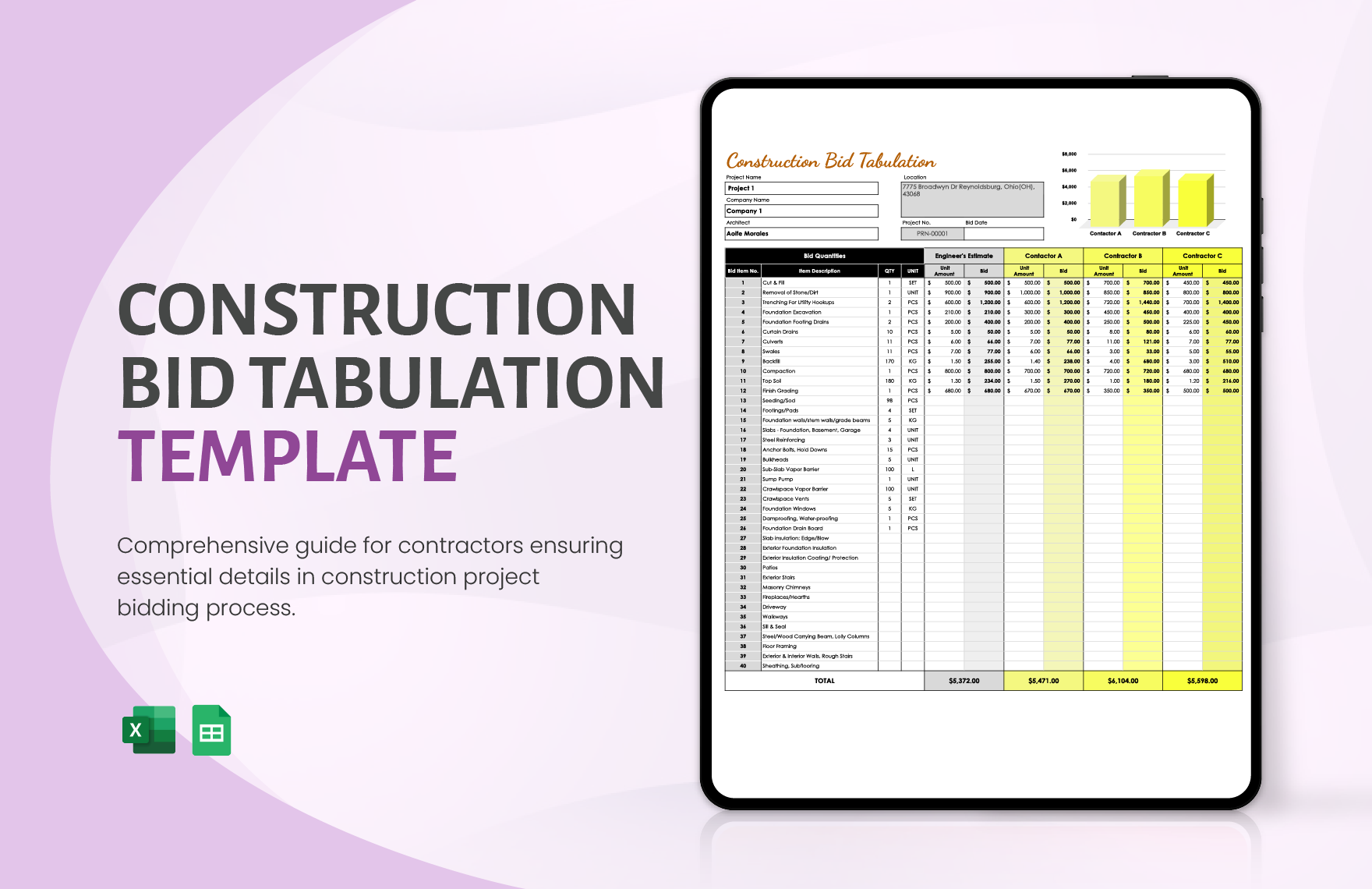 Construction Bid Tabulation Template in Excel, Google Sheets