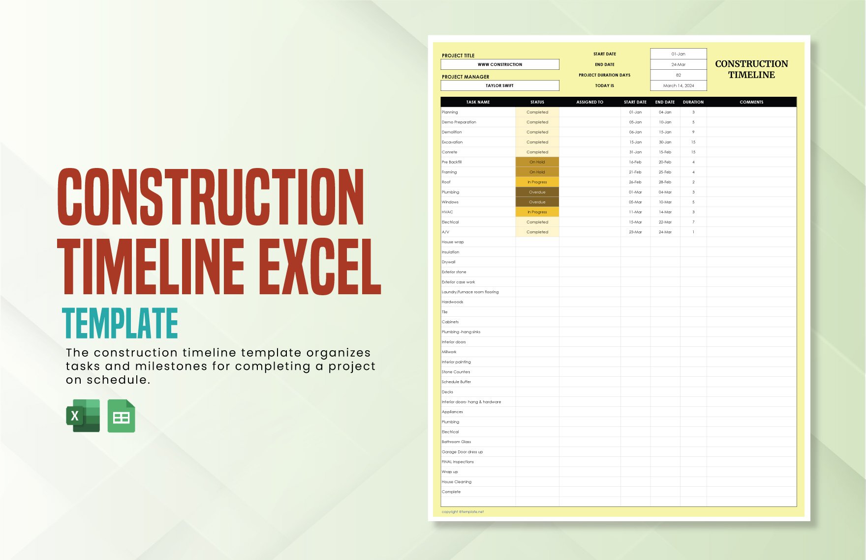 Construction Timeline Excel Template in Excel, Google Sheets