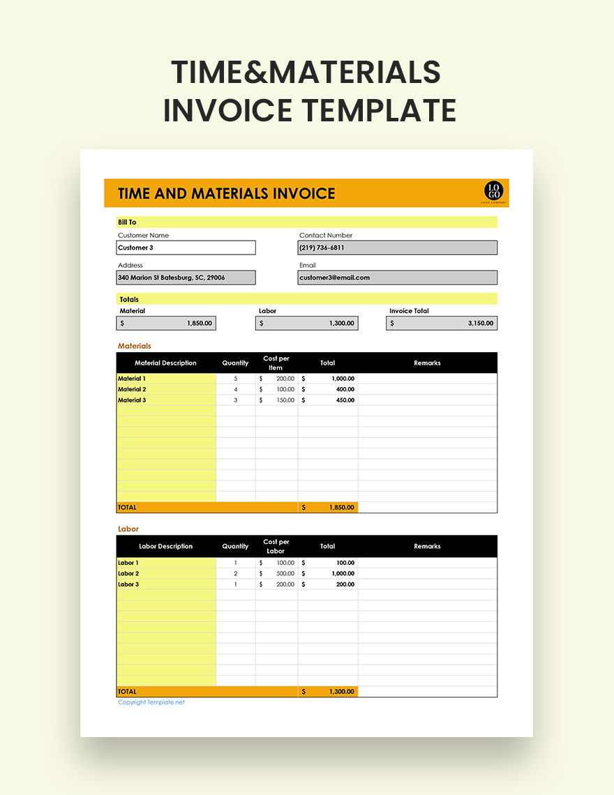 Time & Materials Invoice Template Google Sheets, Excel