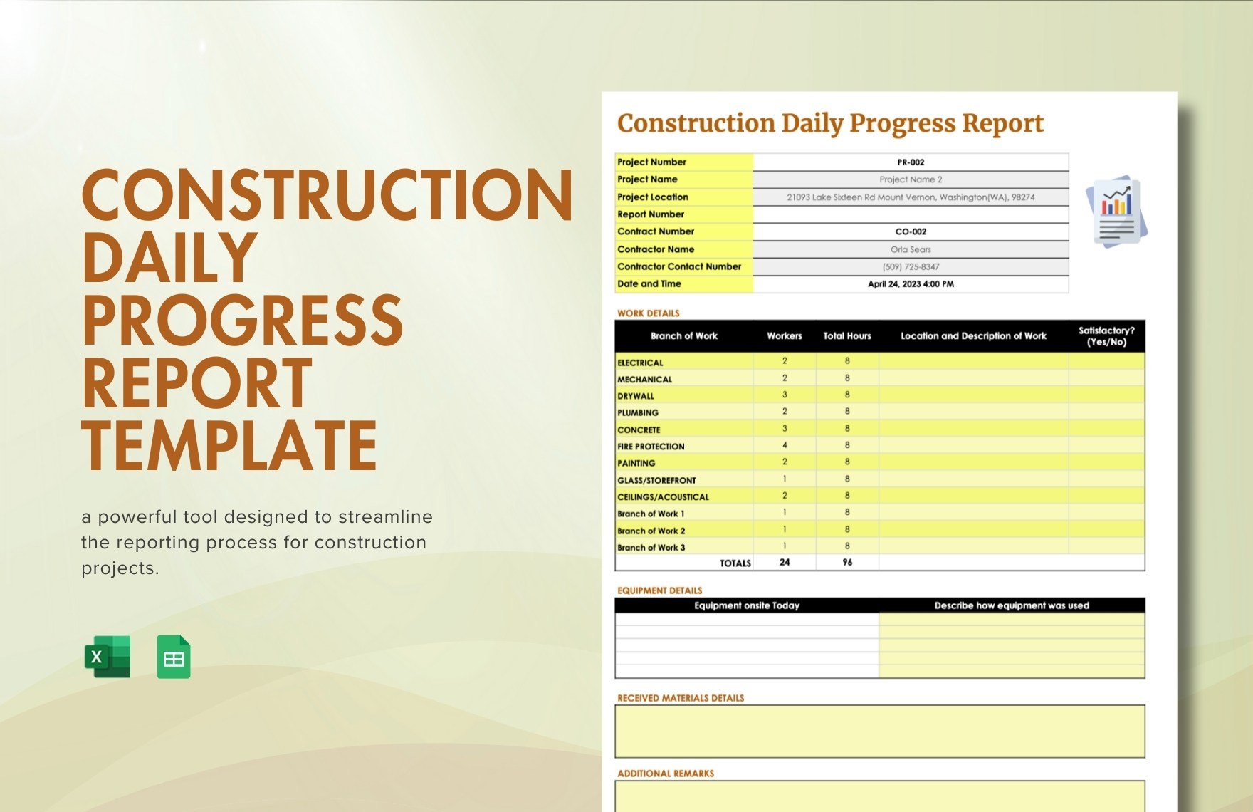 Construction Daily Progress Report Template in Excel, Google Sheets
