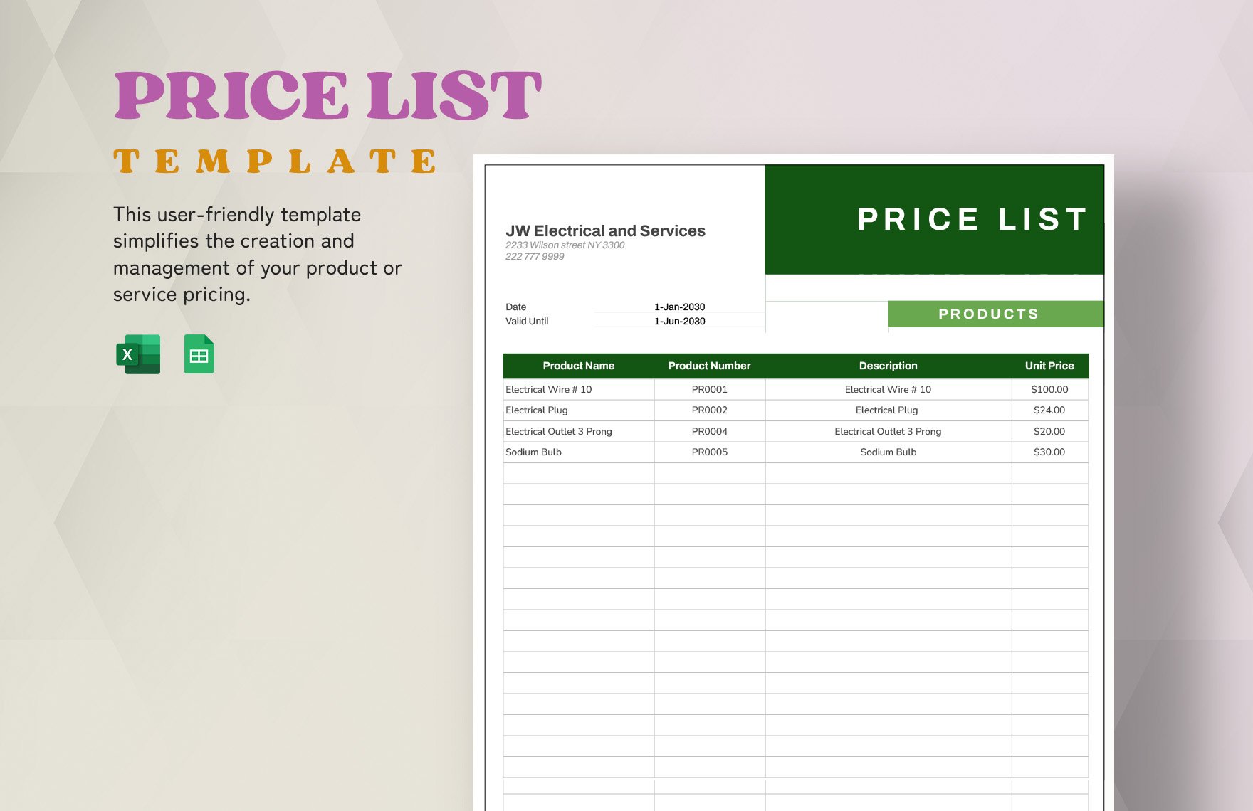 Price List  Template    in Excel, Google Sheets