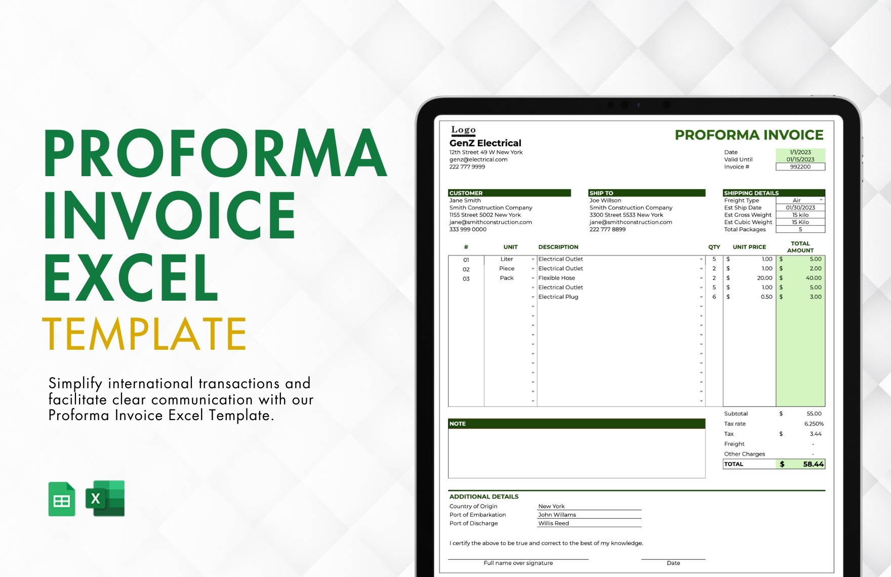 Proforma Invoice Excel Template in Excel, Google Sheets