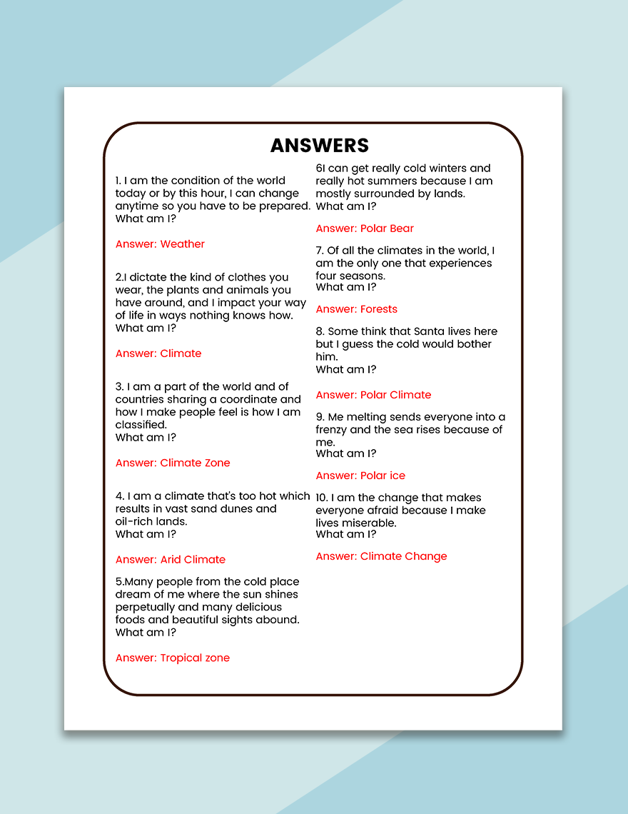 Free World Climate Riddle Template to Edit Online