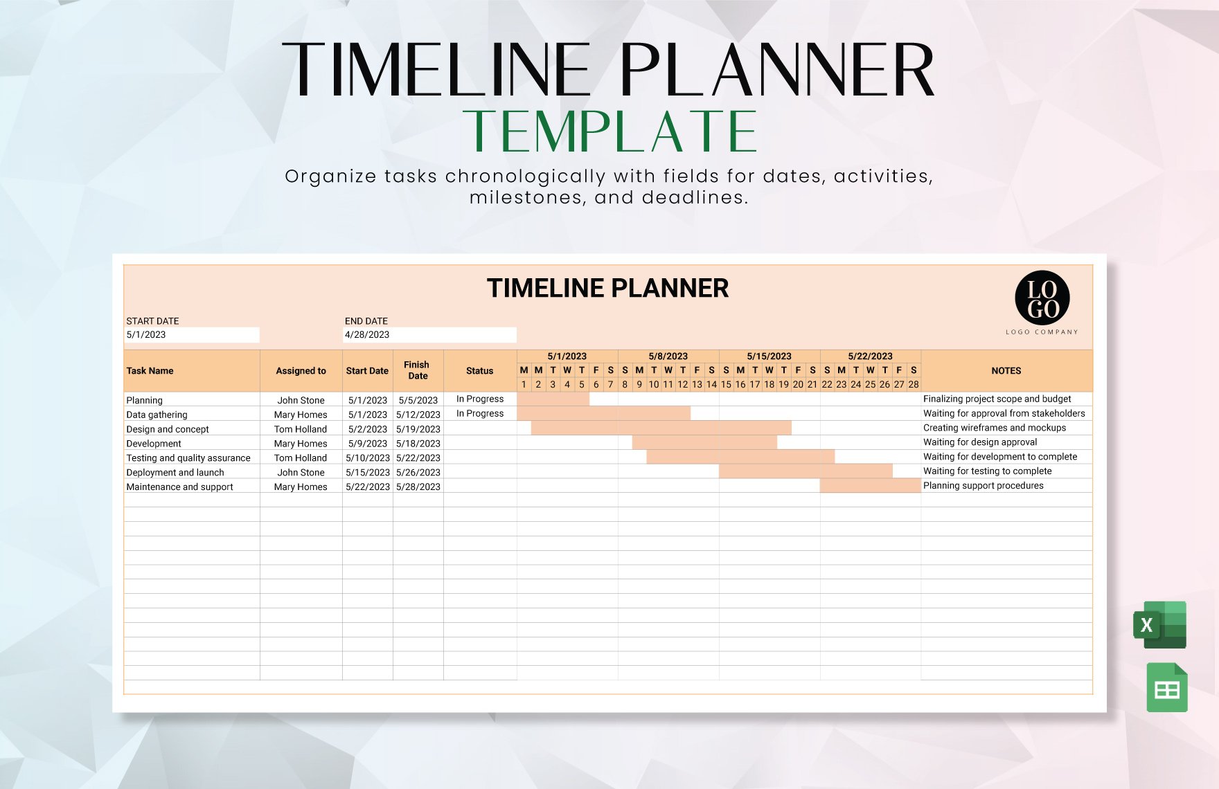 Timeline Planner Template in Excel, Google Sheets