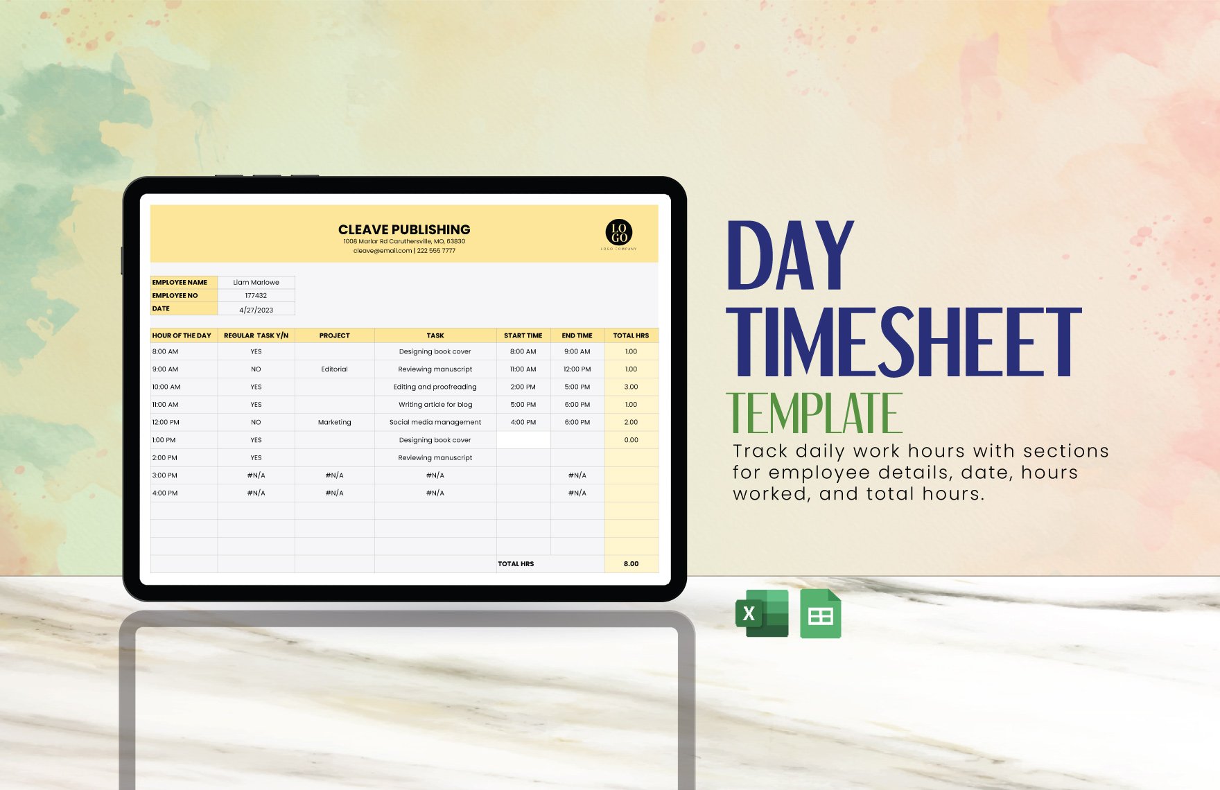 Day Timesheet Template in Excel, Google Sheets
