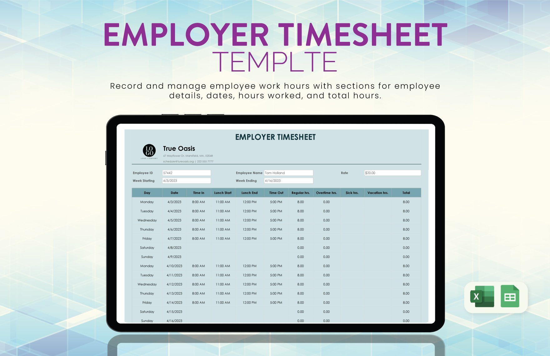 Employer Timesheet in Excel, Google Sheets