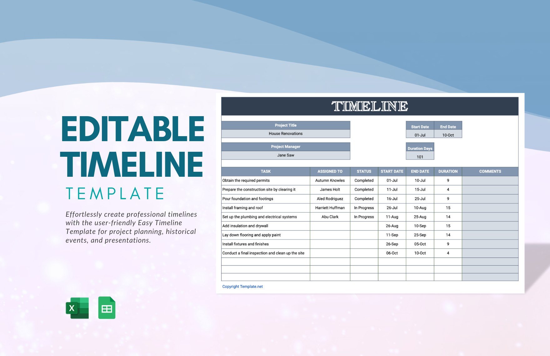 Easy Timeline Template in Excel, Google Sheets