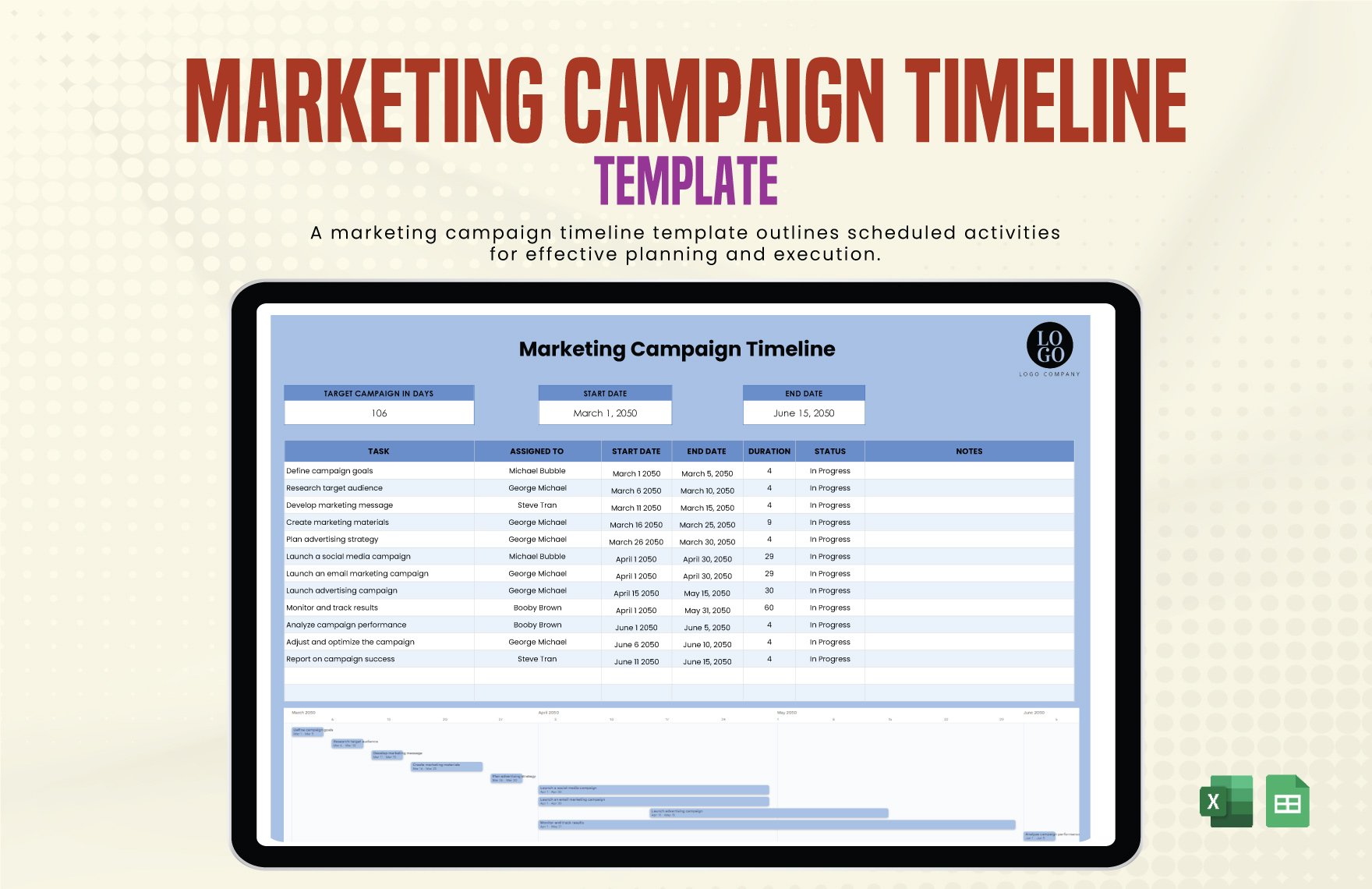 Marketing Campaign Timeline Template in Excel, Google Sheets