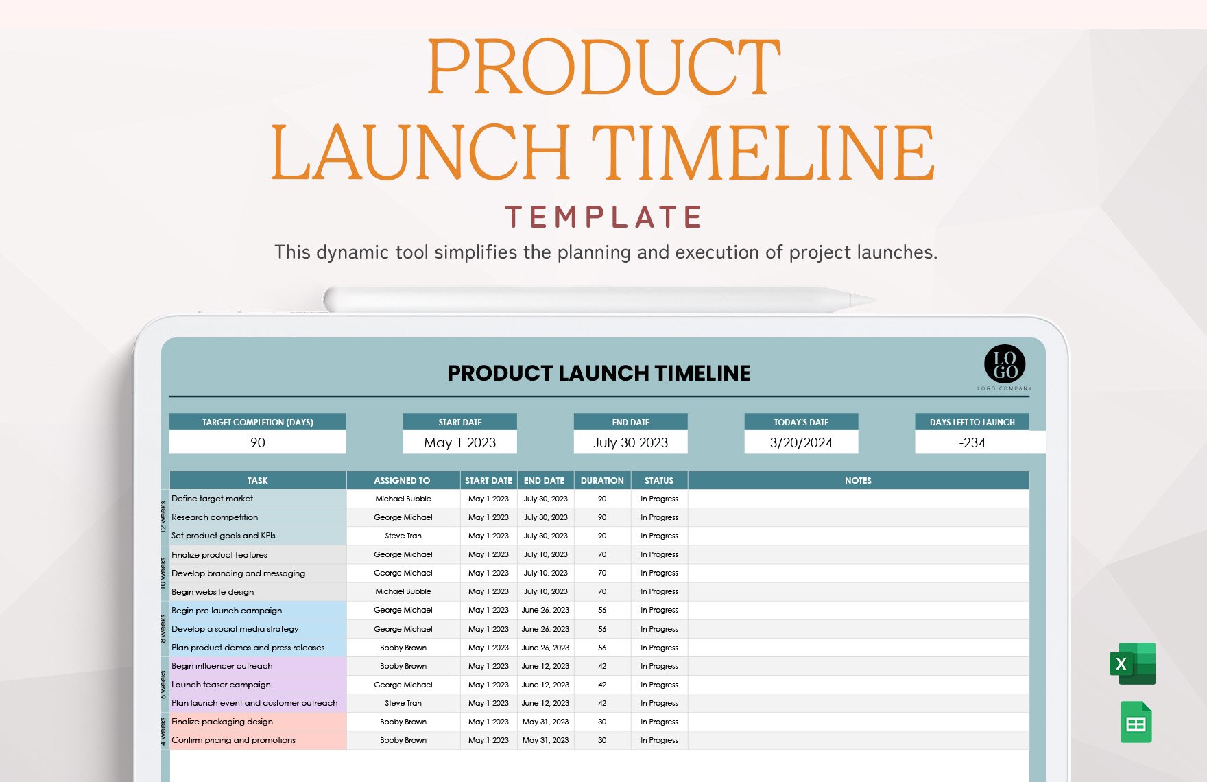 Product Launch Timeline in Excel, Google Sheets