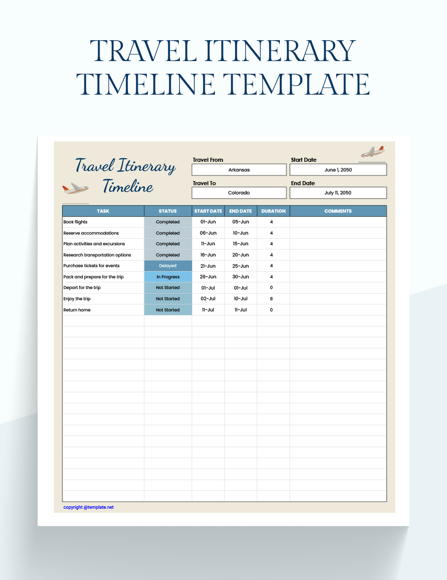 Travel Itinerary Timeline Template Google Sheets, Excel