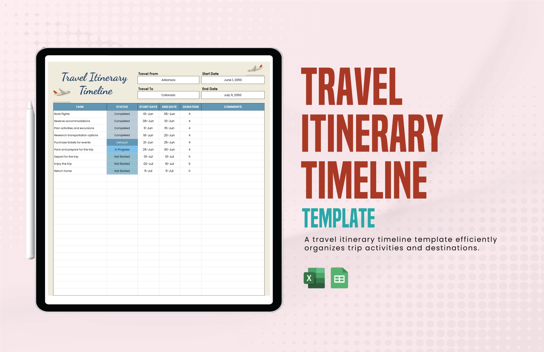 Travel Itinerary Timeline Template in Excel, Google Sheets