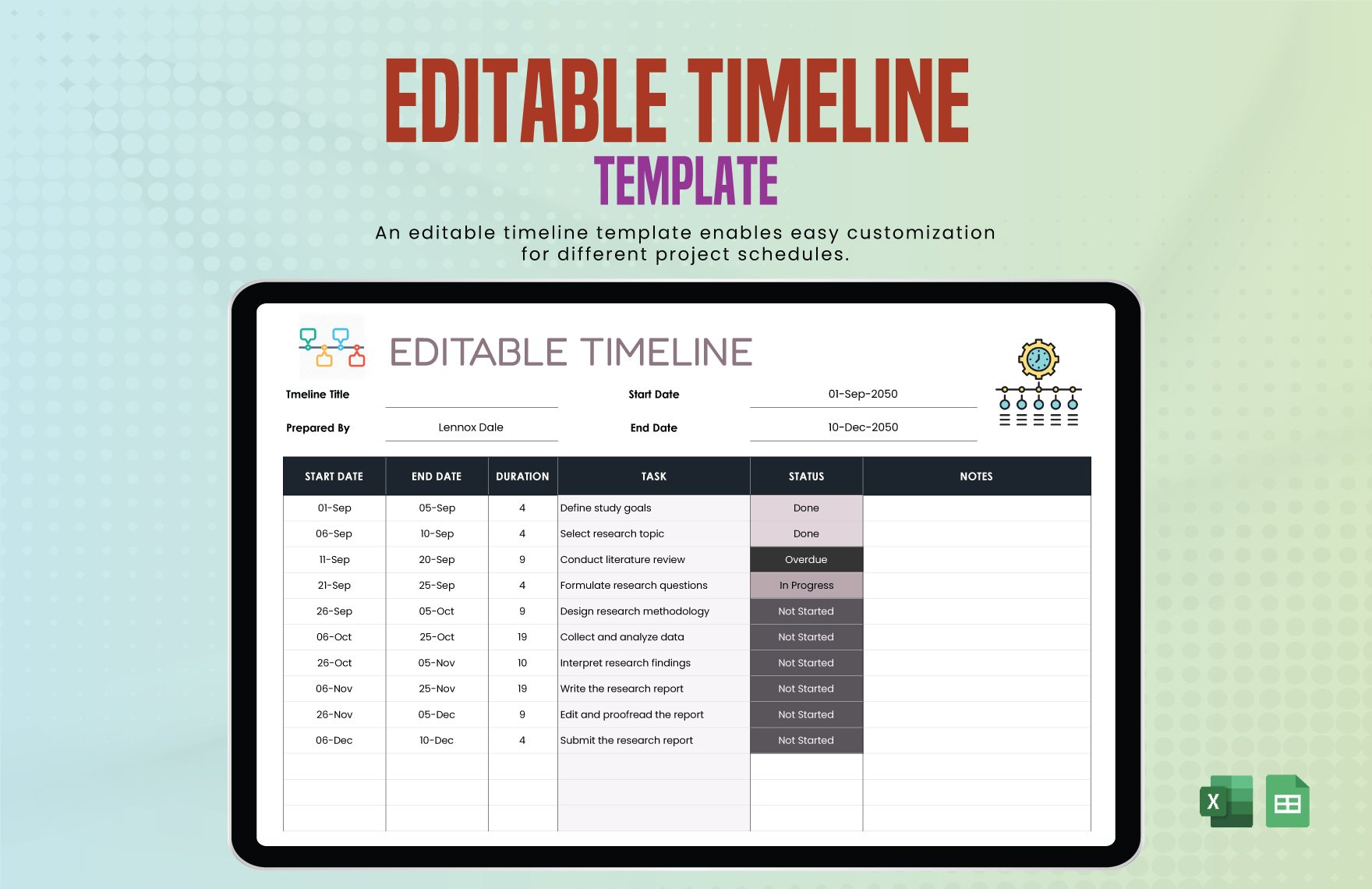 Editable Timeline Template in Excel, Google Sheets