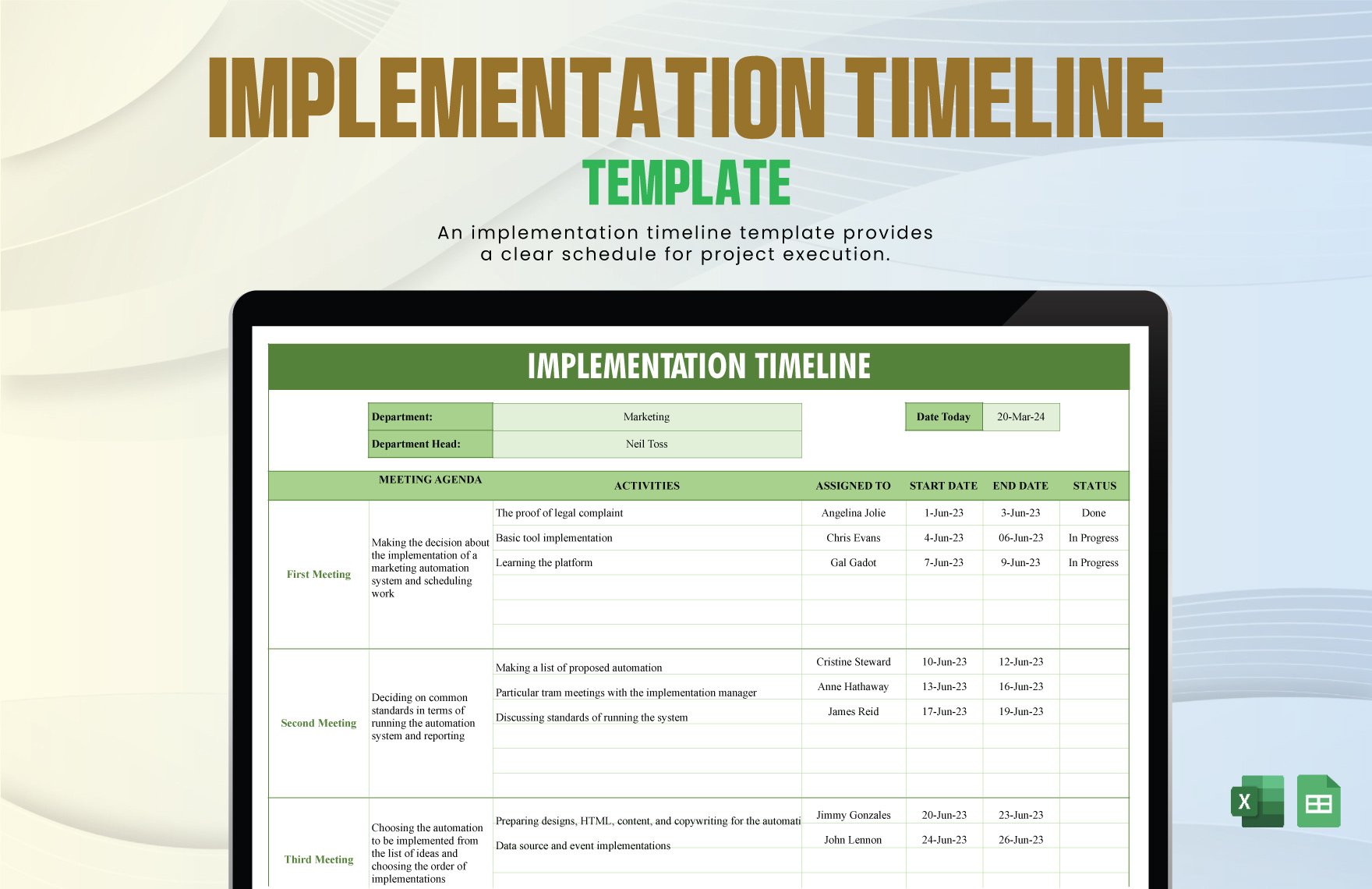 Implementation Timeline Template in Excel, Google Sheets