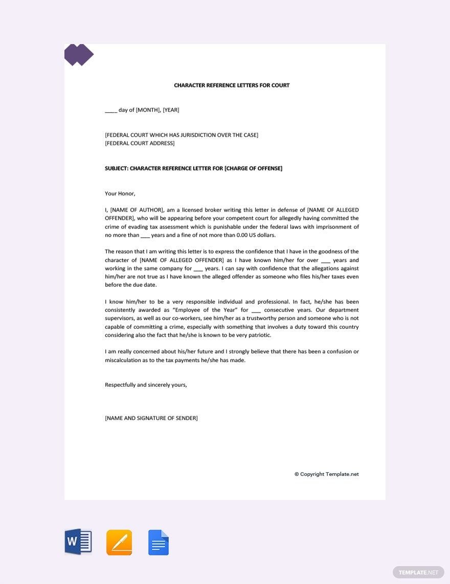 Character Reference Letter for Courts Template