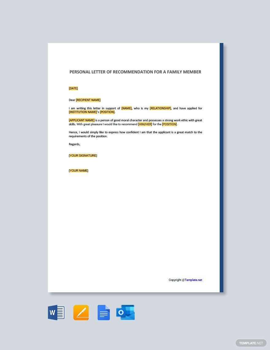 Free Personal Letter of Recommendation for a Family Member Template