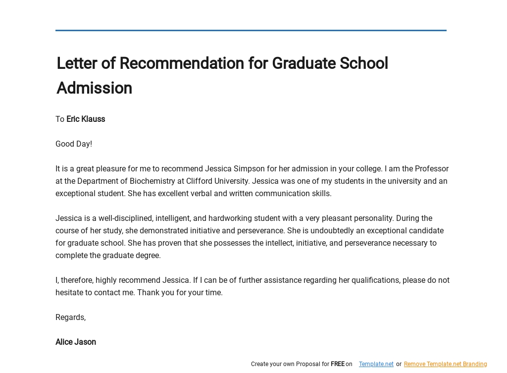Free Letter of Recommendation for Graduate School Admission Template - Google Docs, Word