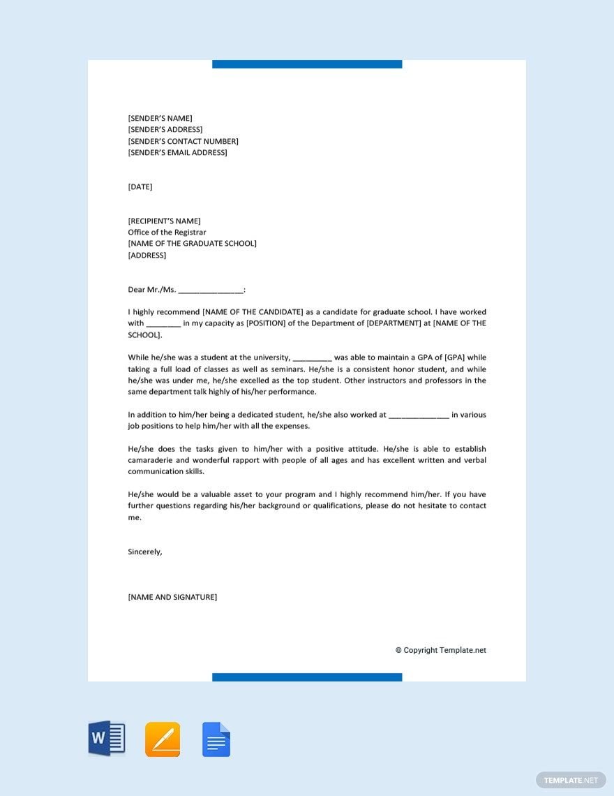 Free Letter of Recommendation for Graduate School Admission Template