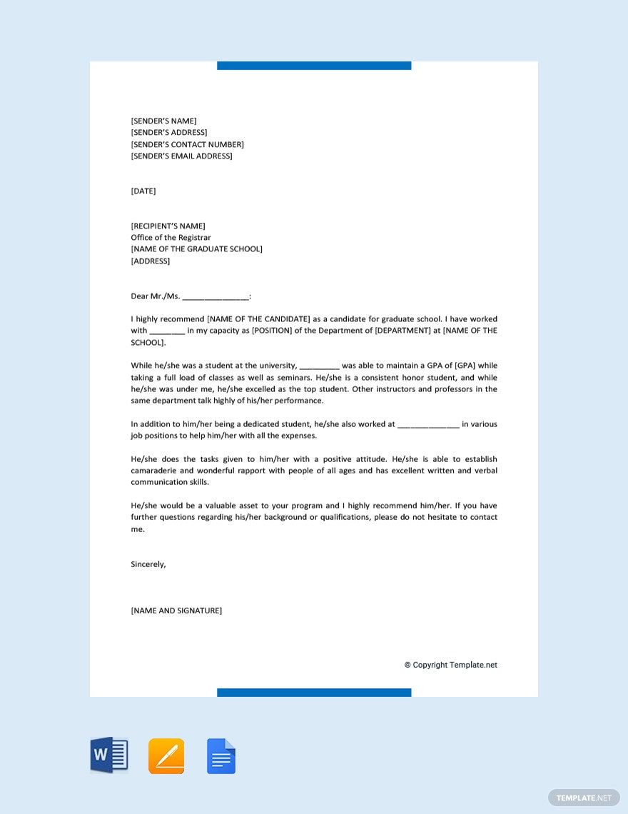 Letter of Recommendation for Graduate School Admission in Google Docs, Word, Pages, PDF - Download | Template.net