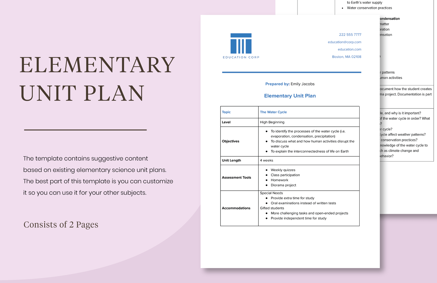 Elementary Unit Plan  in Word, Google Docs