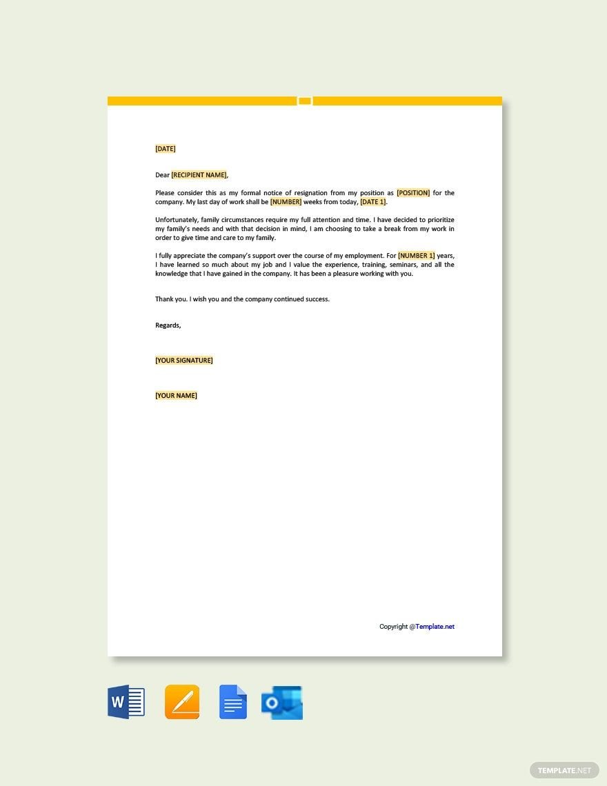 Free Resignation Letter due to Family Reasons Template
