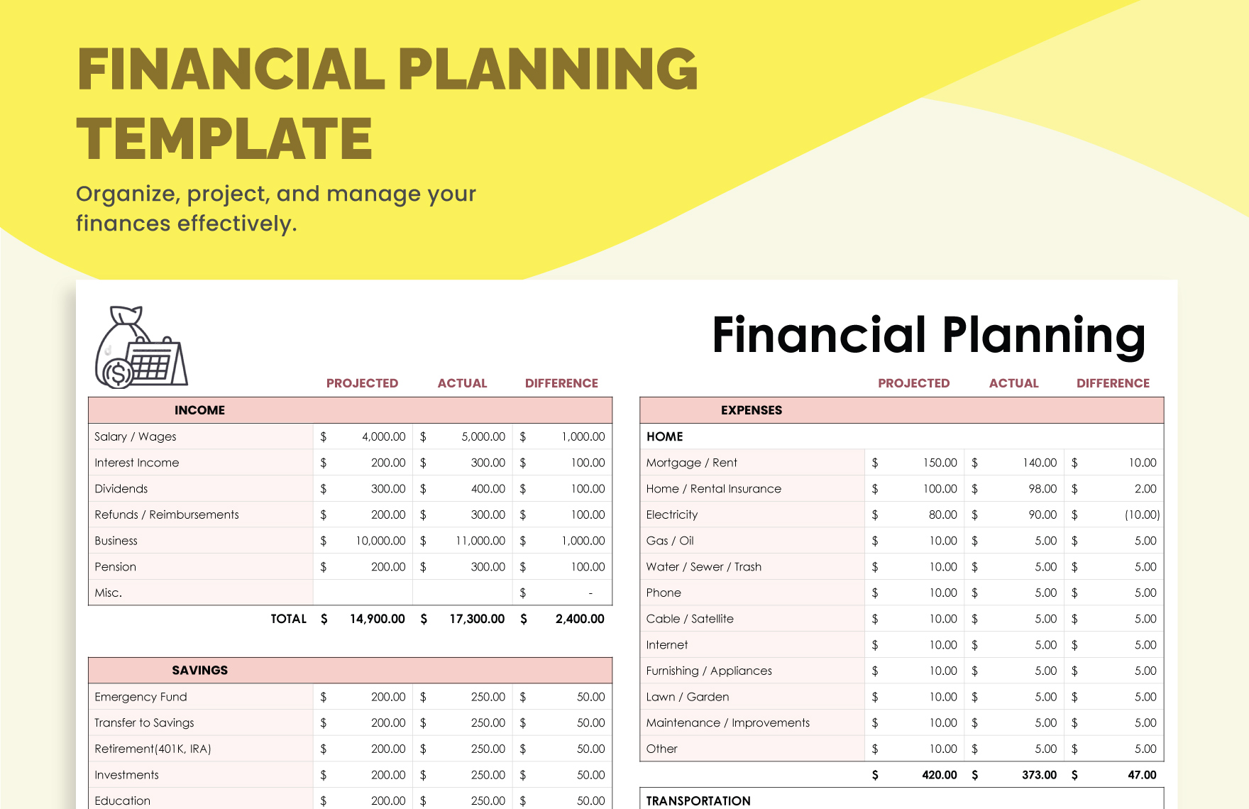 financial plan excel template