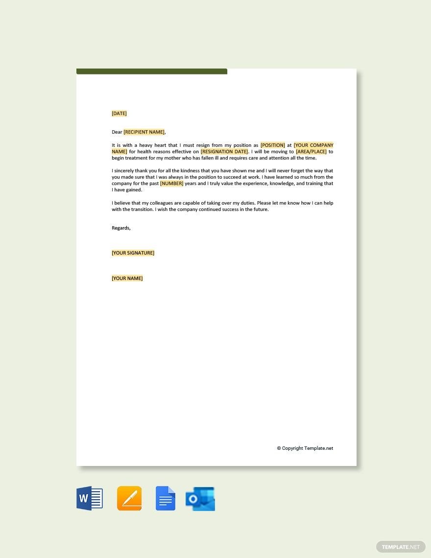 Resignation Letter Due to Family healthy Reasons in Word, Google Docs, PDF, Apple Pages