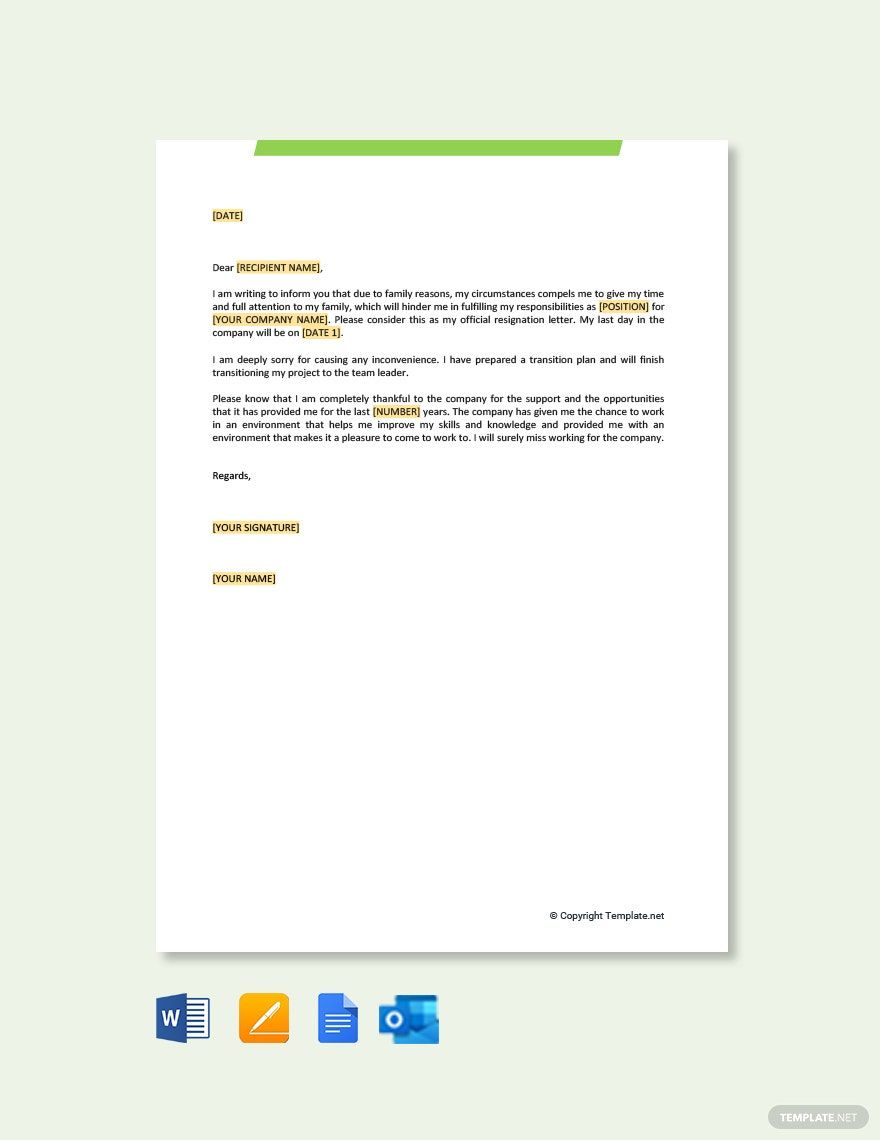 Resignation Letter For Family Reasons Template Google Docs Word 