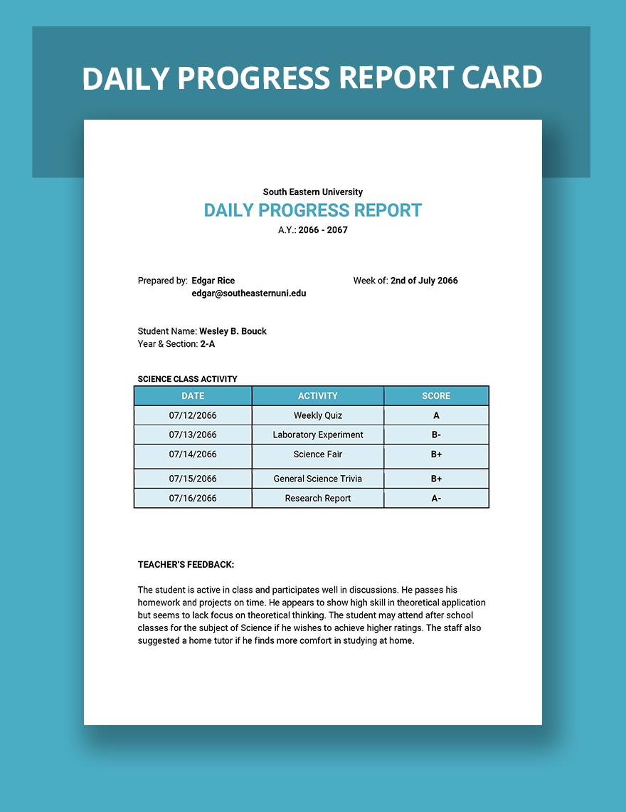 Daily Progress Report Card