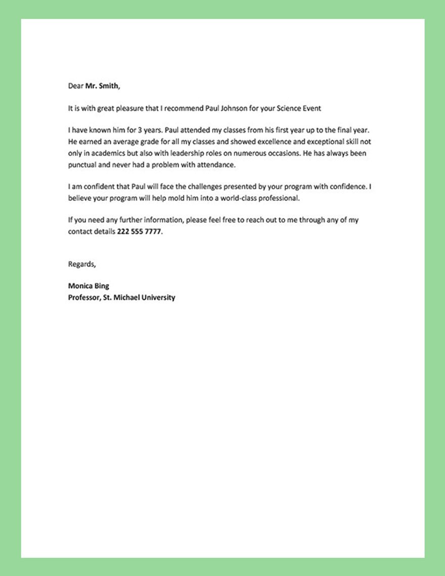 Sample Academic Reference Letter Template