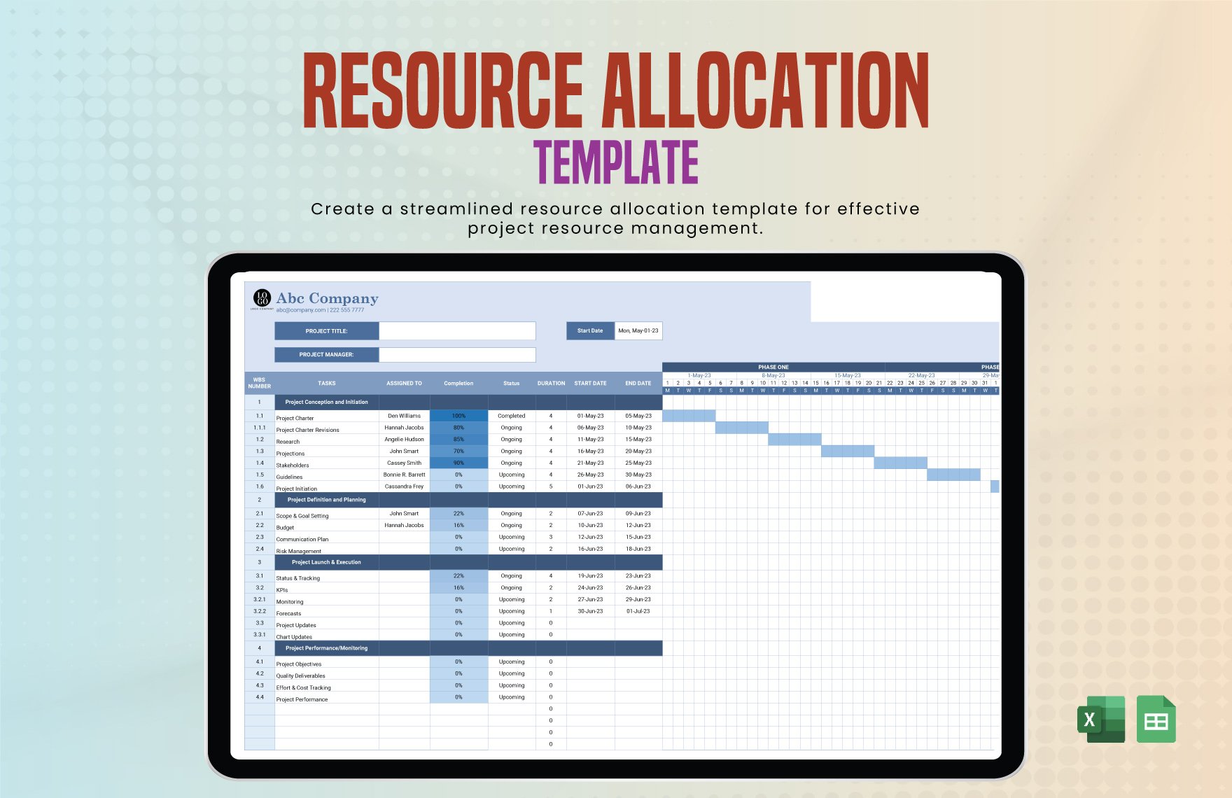 Resource Allocation Template in Excel, Google Sheets