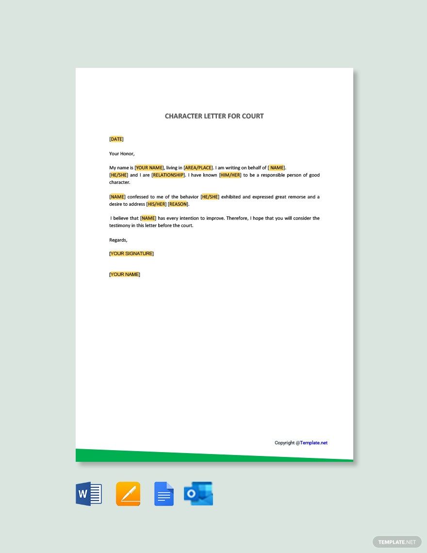 Character Letter For Court in Word, Google Docs, PDF, Apple Pages