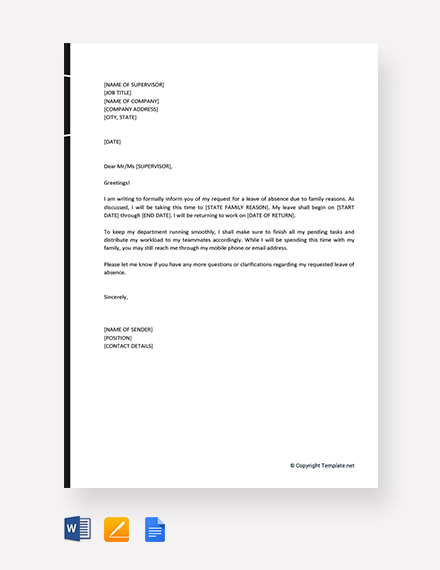 Free Leave Of Absence Letter For Family Reasons