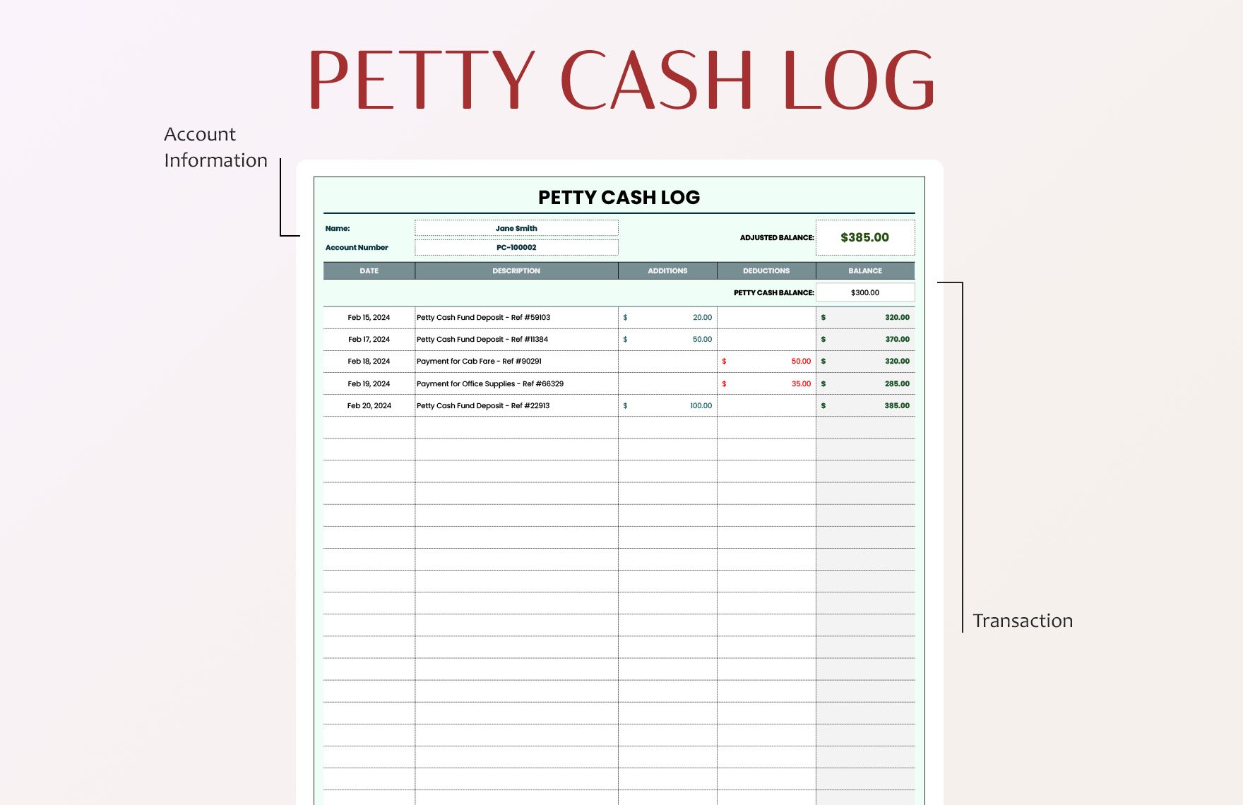 Petty Cash Log Template