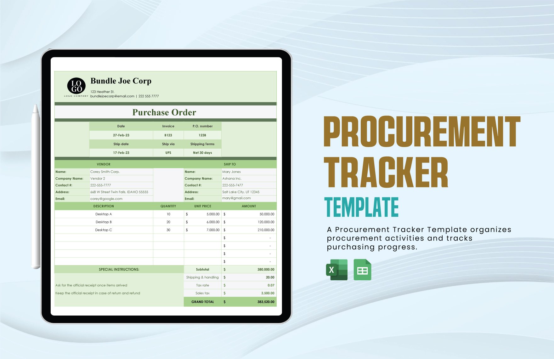 Procurement Tracker Template in Excel, Google Sheets
