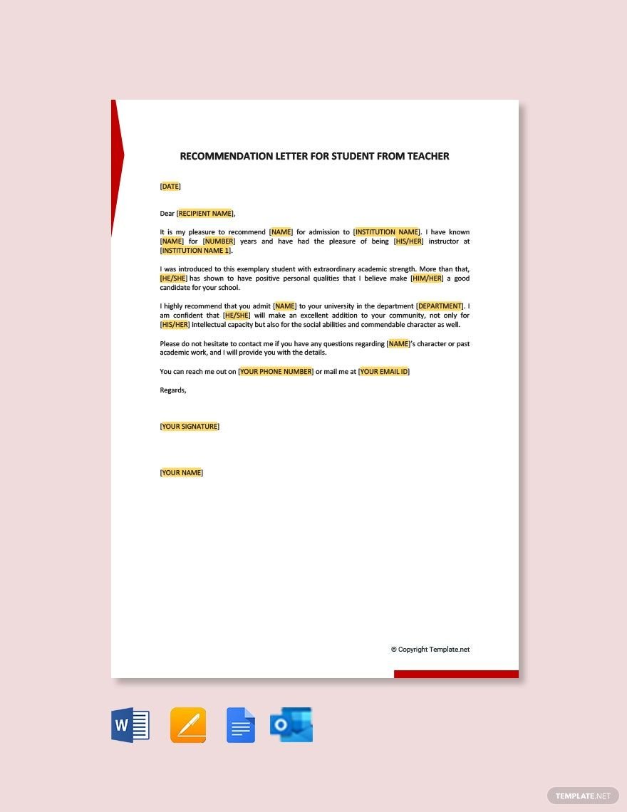 Recommendation Letter for Student From Teacher Template