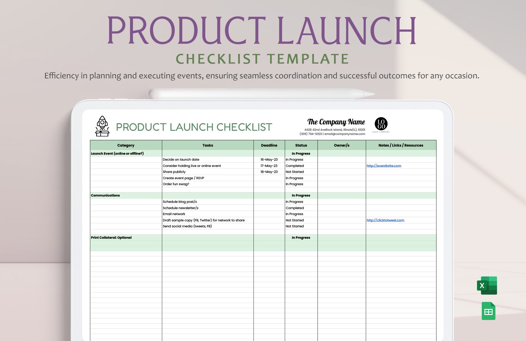Product Launch Checklist Template in Excel, Google Sheets