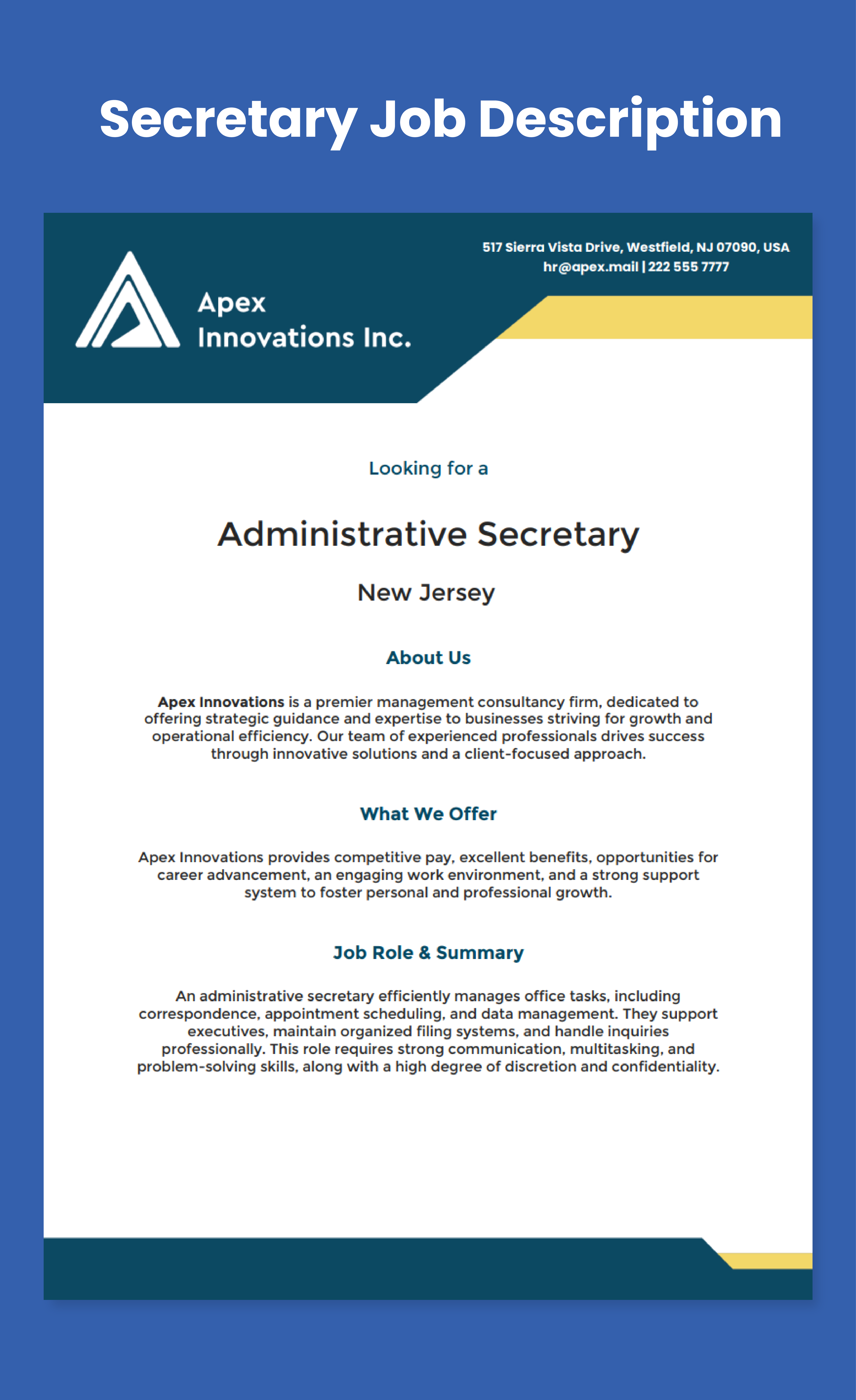 Secretary Job Description Template Word Google Docs Template