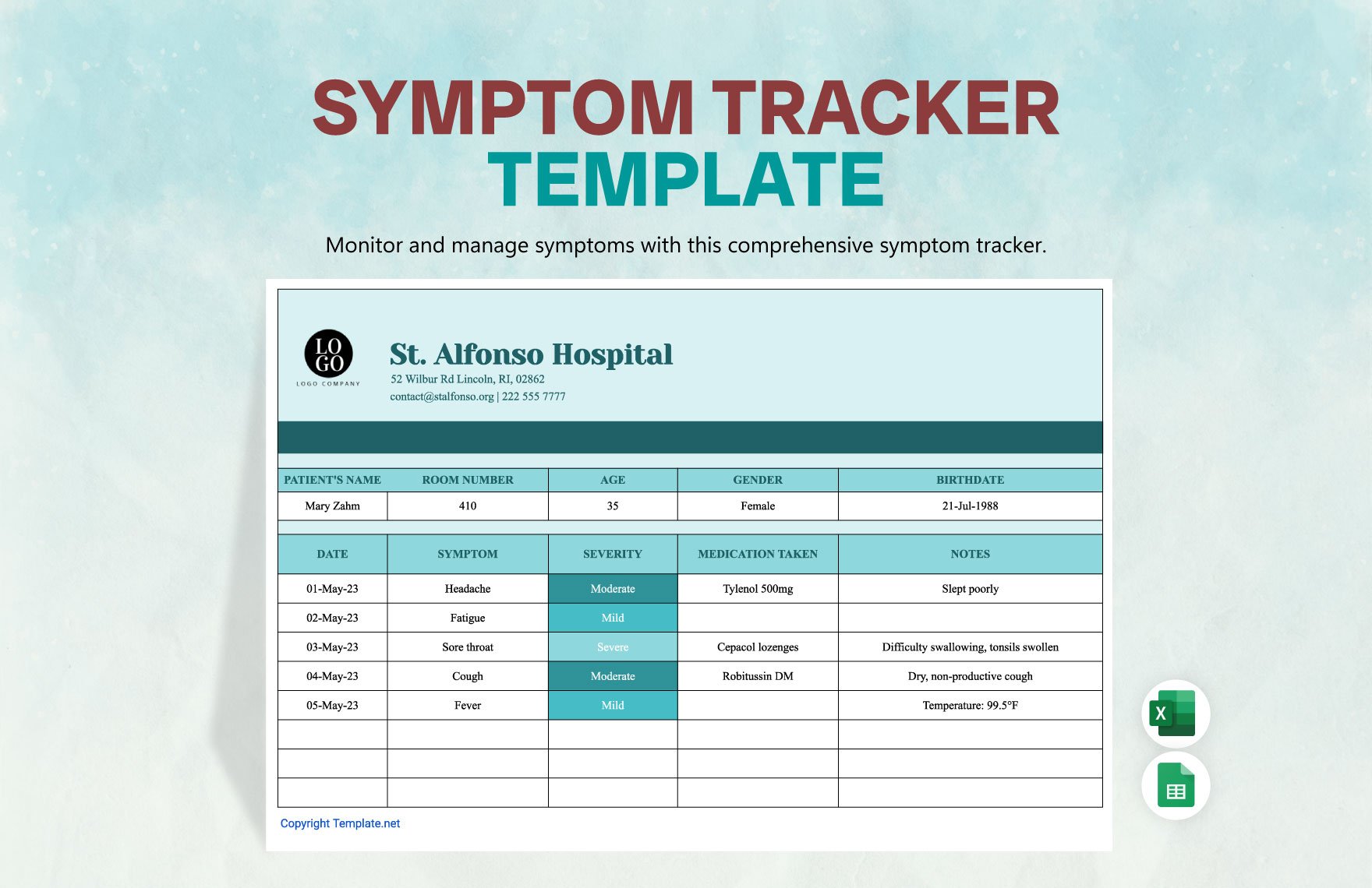 Symptom Tracker Template in Excel, Google Sheets - Download | Template.net