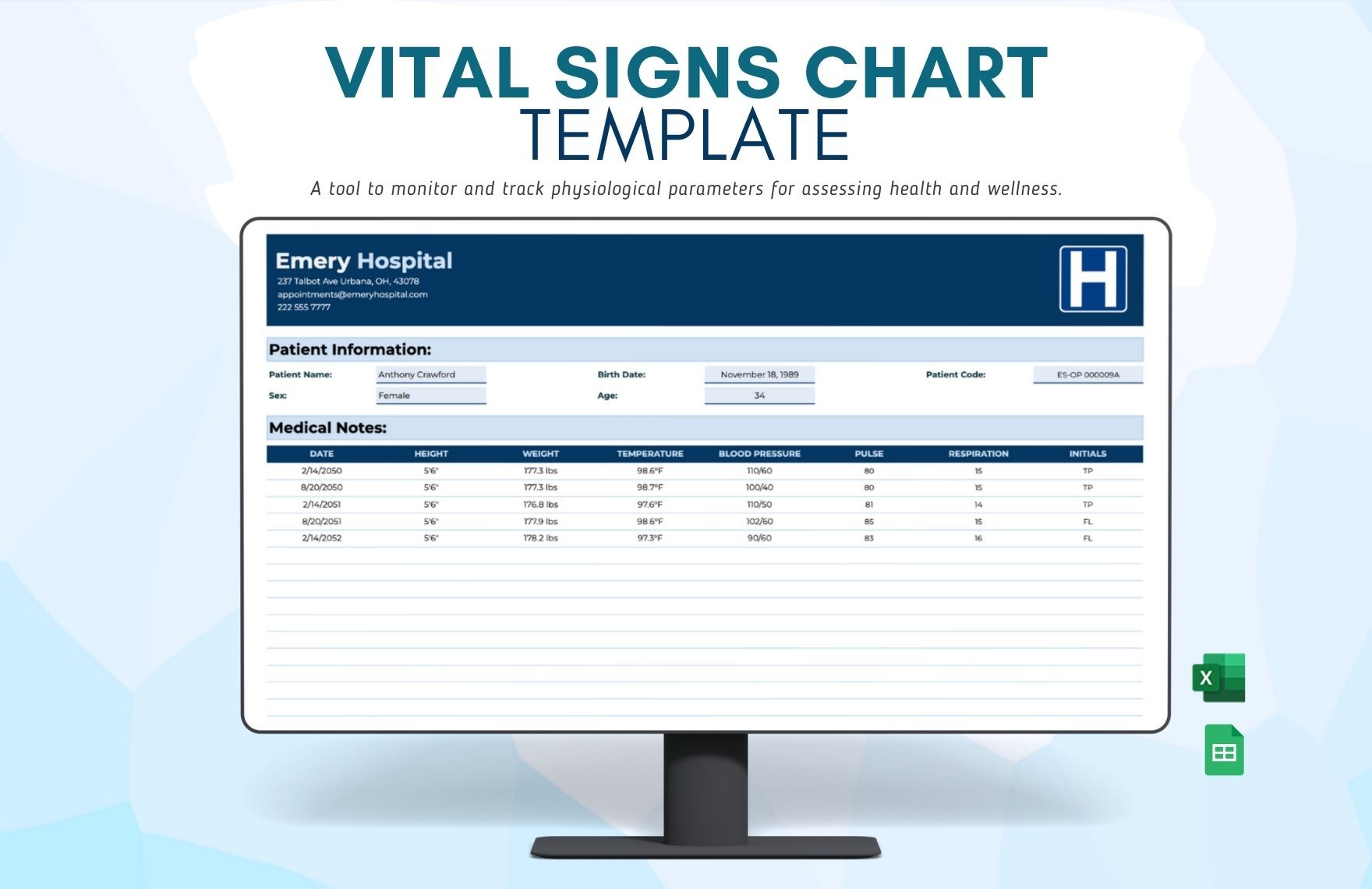 Vital Signs Chart Template in Excel, Google Sheets