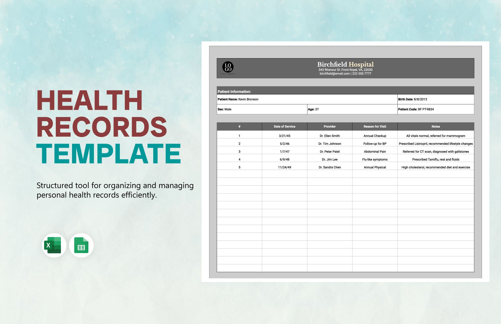 Health Records Template in Excel, Google Sheets