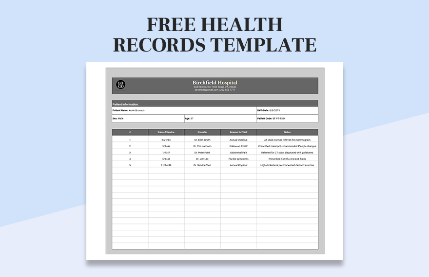 Free Health Records Template - Google Sheets, Excel | Template.net