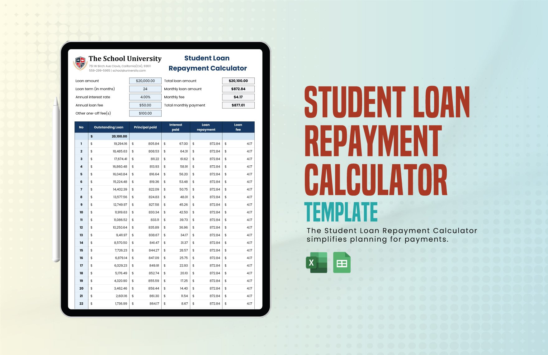 Student Loan Repayment Calculator Template in Excel, Google Sheets