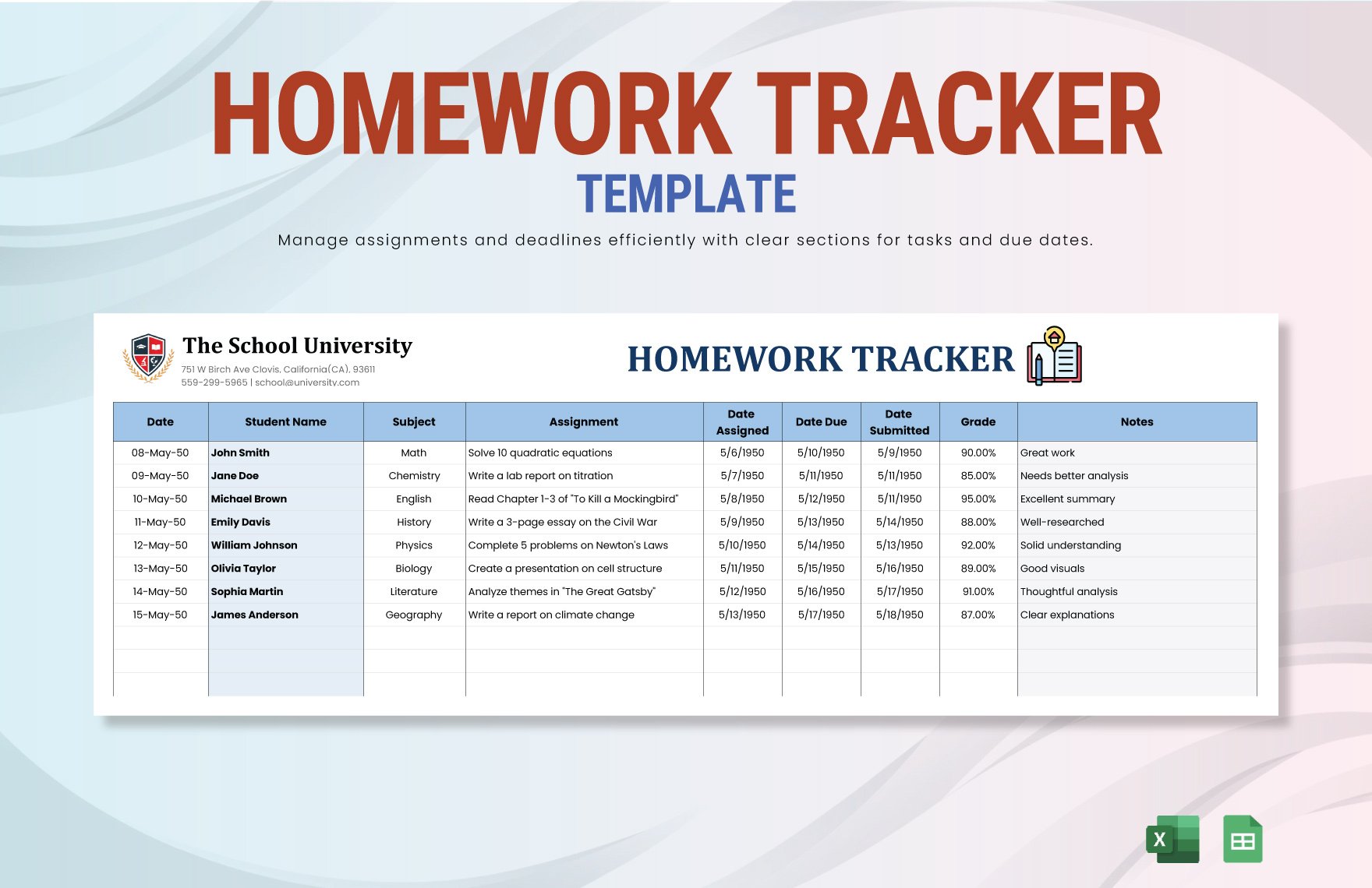 Homework Tracker Template in Excel, Google Sheets