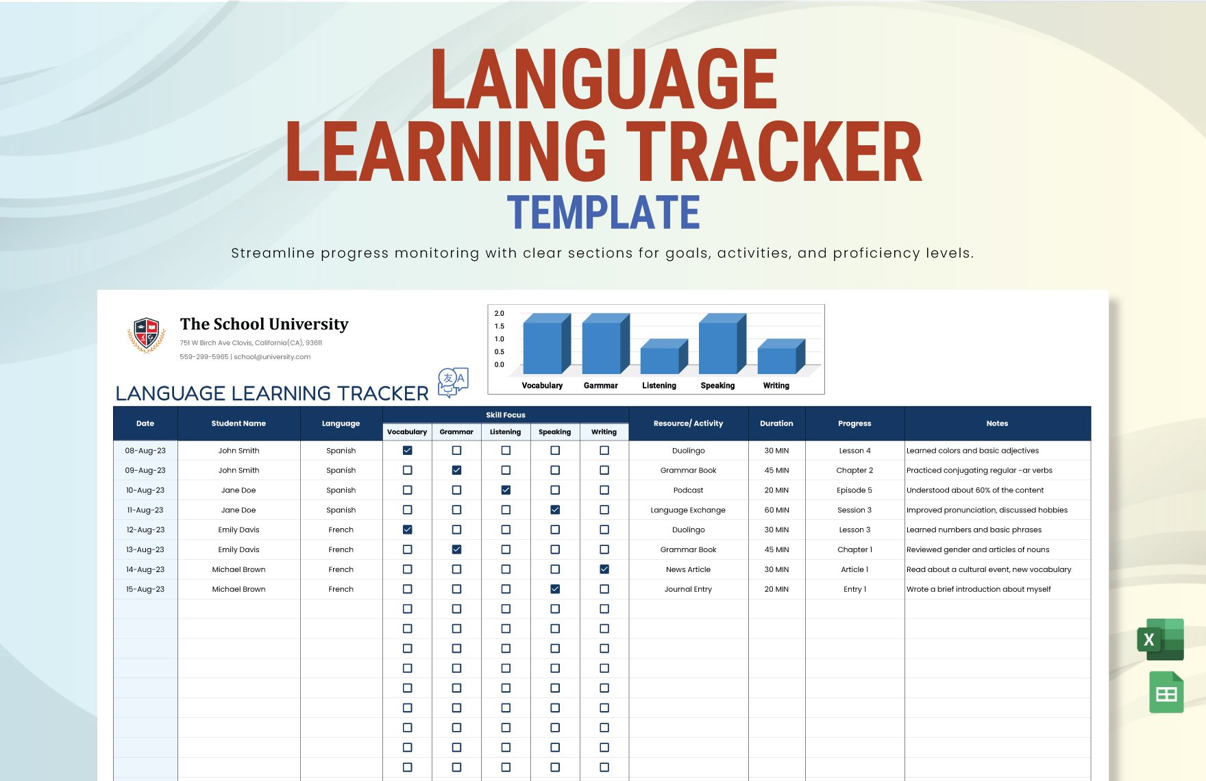 Language Learning Tracker Template in Excel, Google Sheets